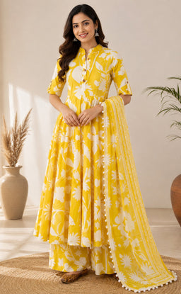 Yellow Cotton Abstract Printed Kurti Set
