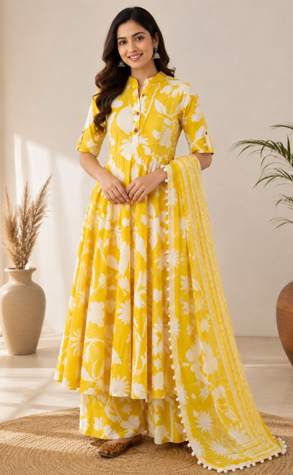 Yellow Cotton Abstract Printed Kurti Set