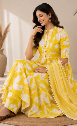 Yellow Cotton Abstract Printed Kurti Set