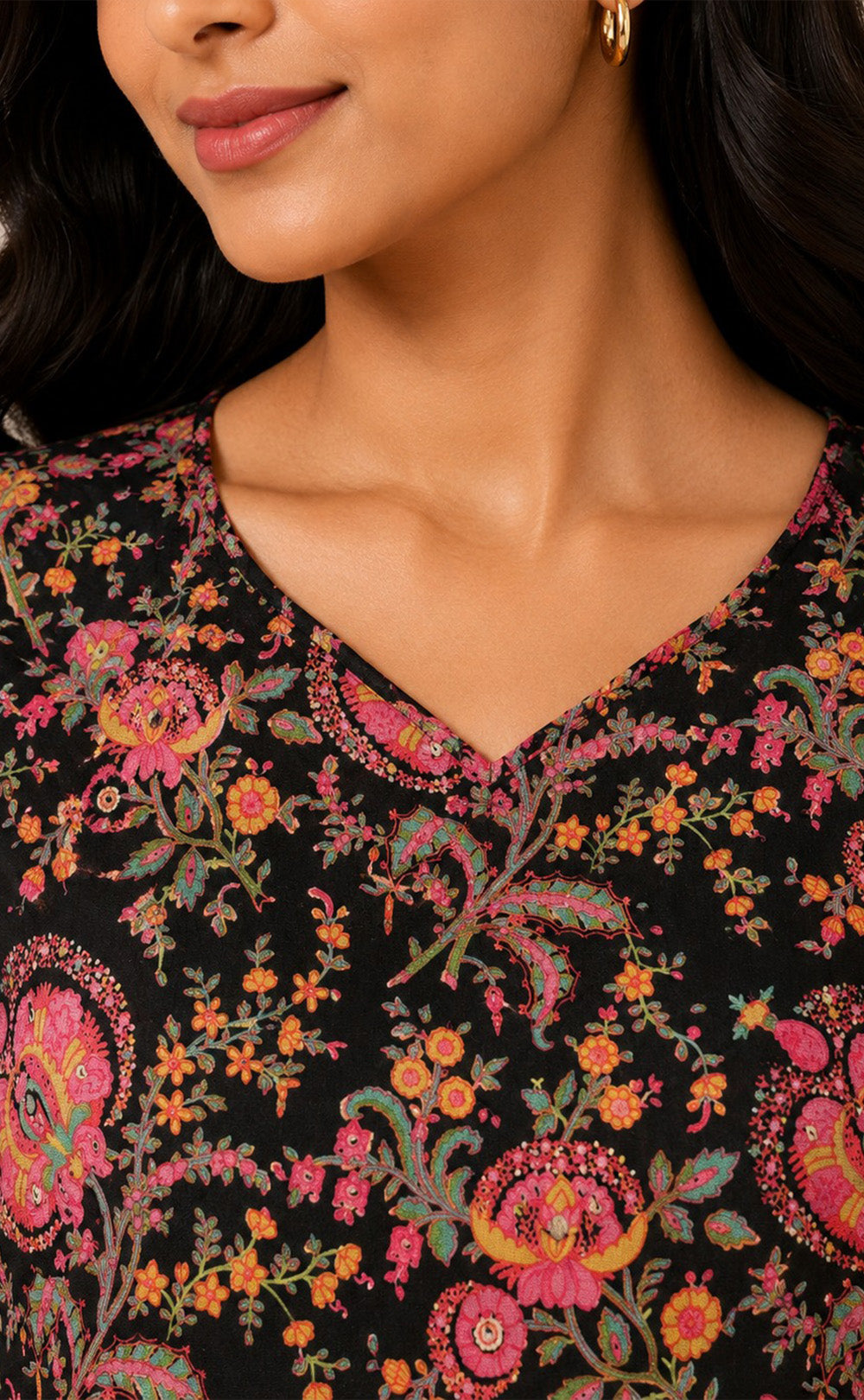 Black Cotton All-Over Floral Printed Kurti Set