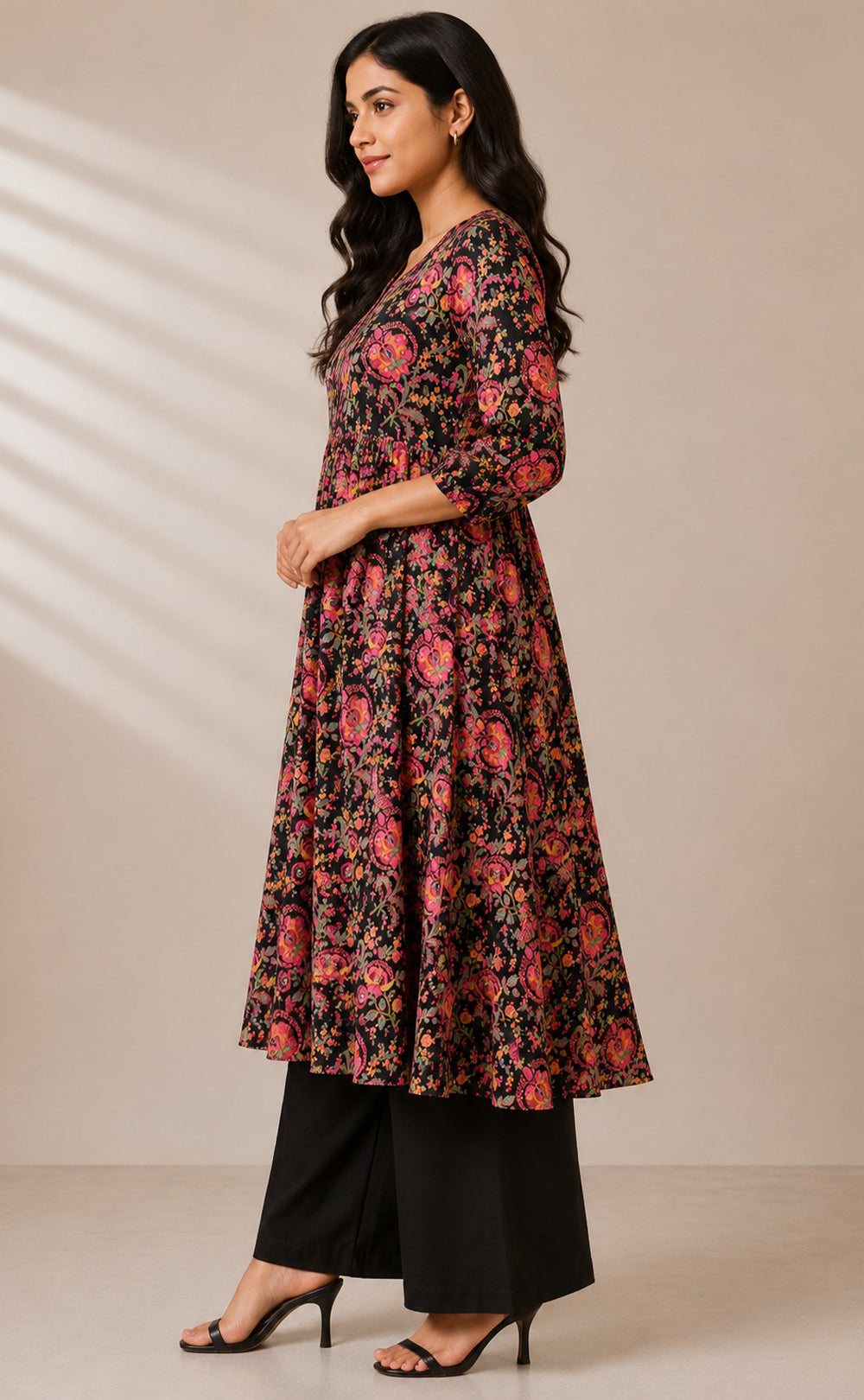 Black Cotton All-Over Floral Printed Kurti Set