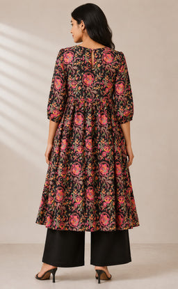 Black Cotton All-Over Floral Printed Kurti Set