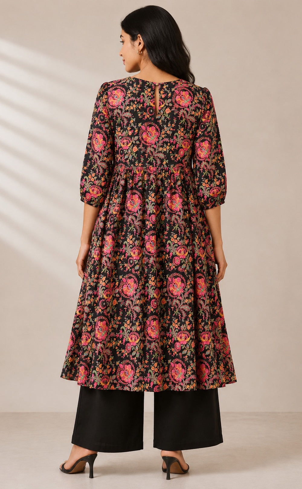 Black Cotton All-Over Floral Printed Kurti Set