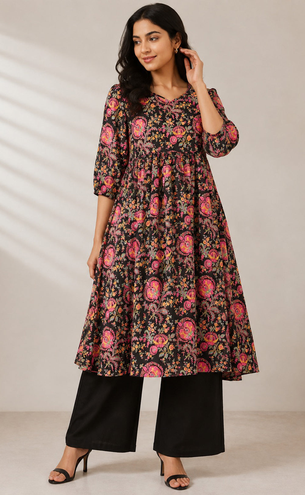 Black Cotton All-Over Floral Printed Kurti Set