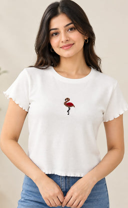 White Lycra Swan Thread Embroidery T-Shirt