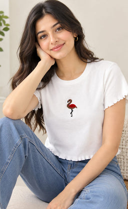 White Lycra Swan Thread Embroidery T-Shirt