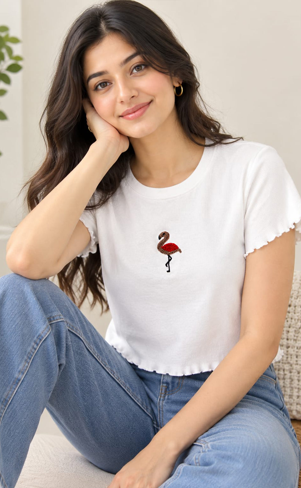White Lycra Swan Thread Embroidery T-Shirt