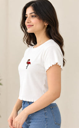 White Lycra Swan Thread Embroidery T-Shirt