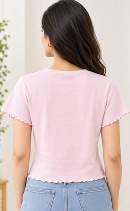 Baby Pink Lycra Swan Thread Embroidery T-Shirt