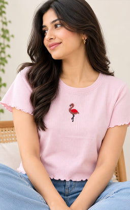 Baby Pink Lycra Swan Thread Embroidery T-Shirt