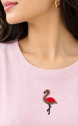Baby Pink Lycra Swan Thread Embroidery T-Shirt