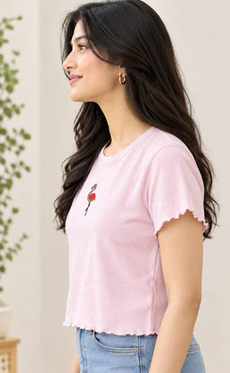 Baby Pink Lycra Swan Thread Embroidery T-Shirt