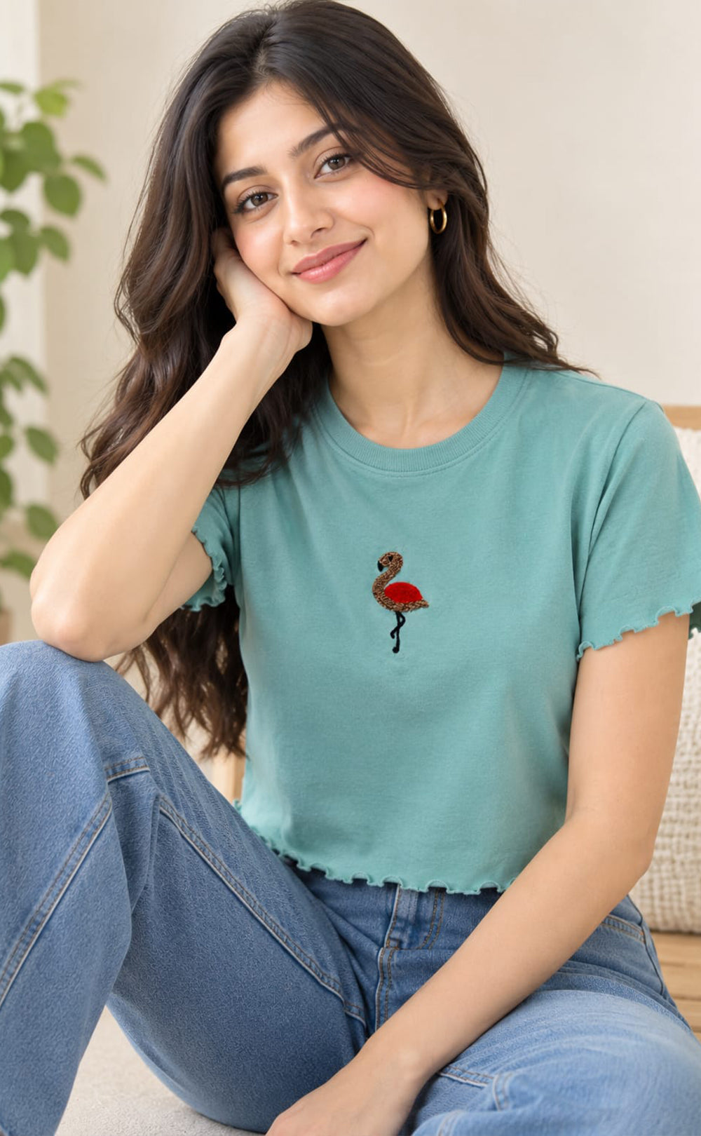 Teal Blue Lycra Swan Thread Embroidery T-Shirt