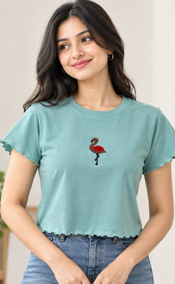 Teal Blue Lycra Swan Thread Embroidery T-Shirt