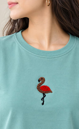Teal Blue Lycra Swan Thread Embroidery T-Shirt