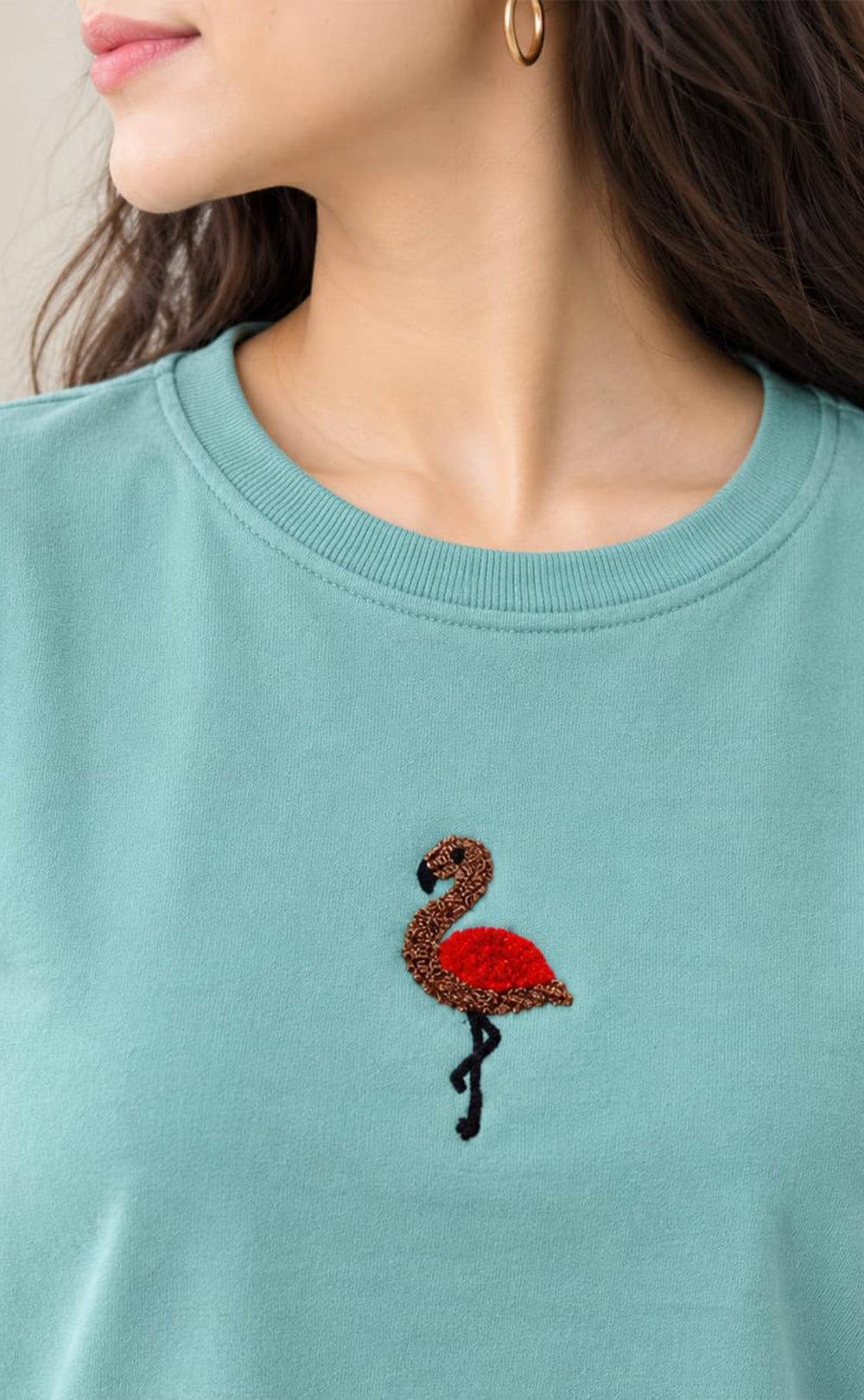 Teal Blue Lycra Swan Thread Embroidery T-Shirt