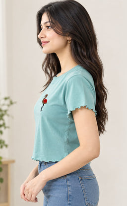 Teal Blue Lycra Swan Thread Embroidery T-Shirt