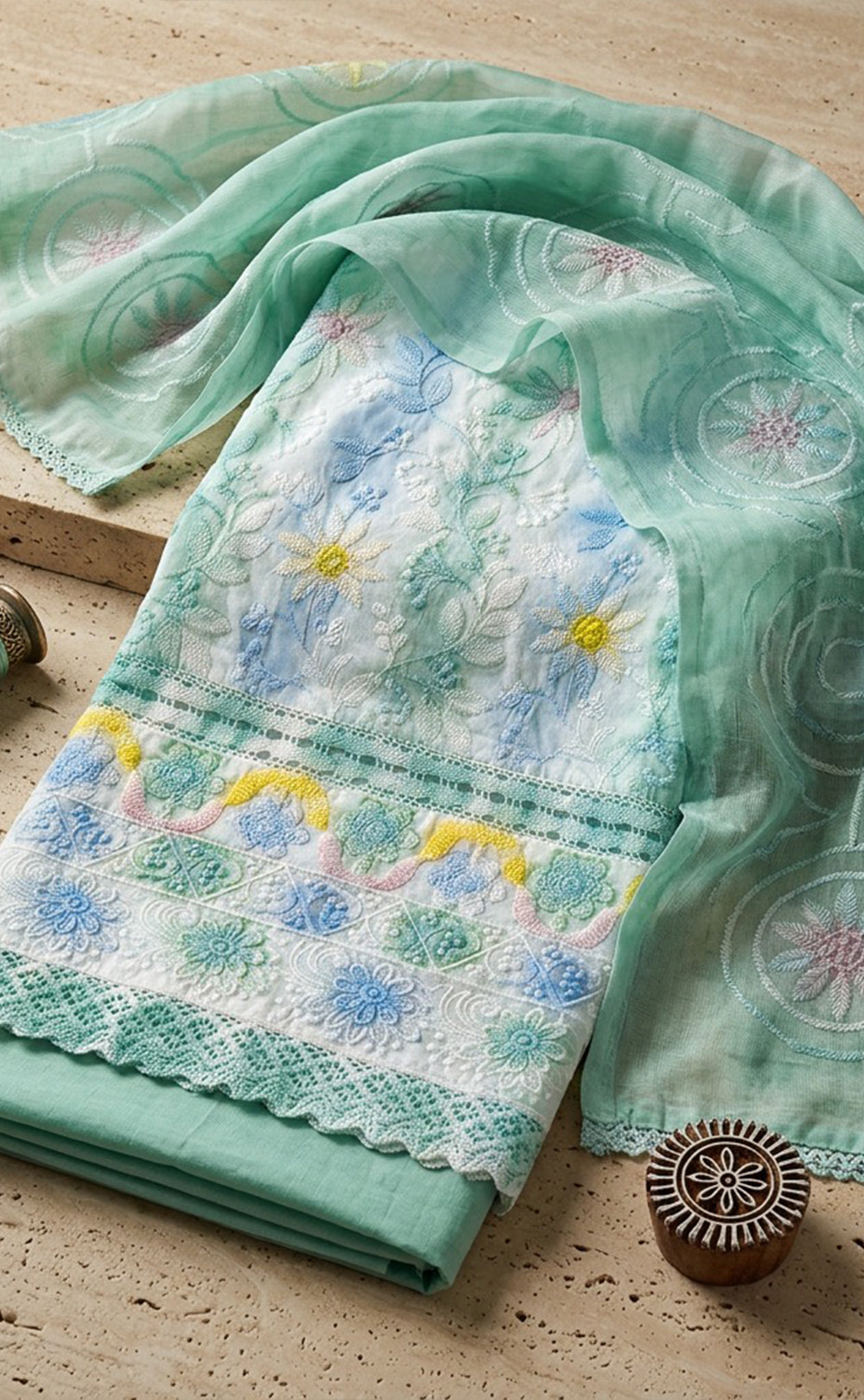 Mint Green Cotton Chikankari Work Un-Stitched Dress Material