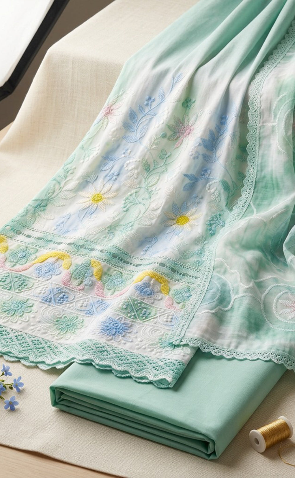 Mint Green Cotton Chikankari Work Un-Stitched Dress Material