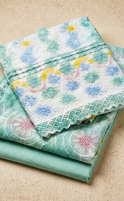 Mint Green Cotton Chikankari Work Un-Stitched Dress Material