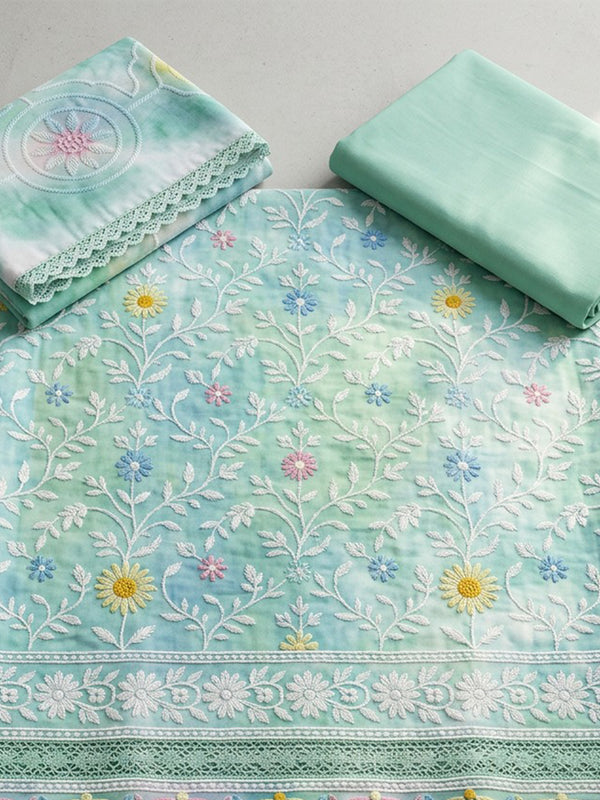 Mint Green Cotton Chikankari Work Un-Stitched Dress Material