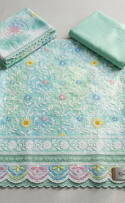 Mint Green Cotton Chikankari Work Un-Stitched Dress Material