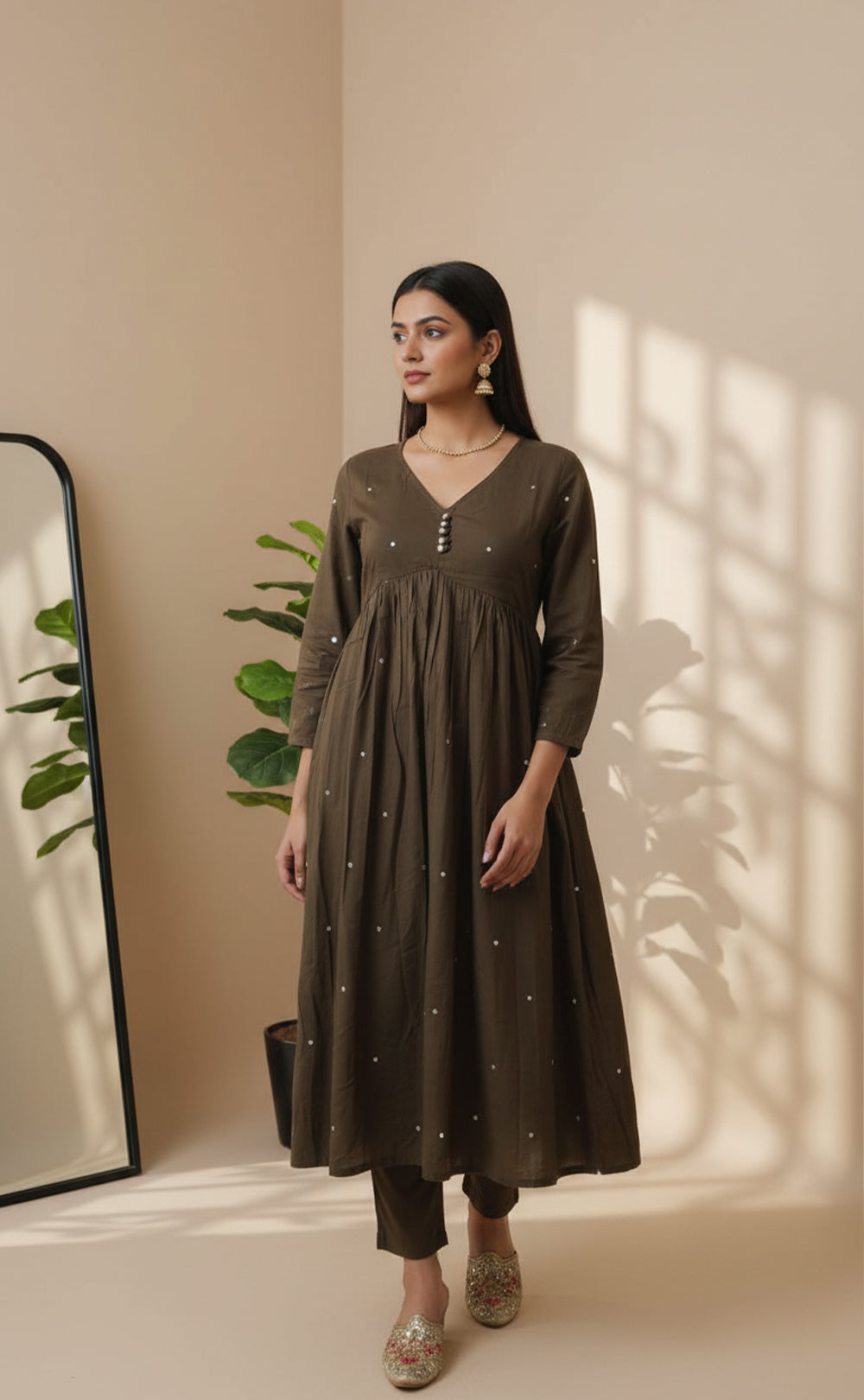 Beautiful Mehendi Green Alia cut kurti all over mirror work with printed dupatta and plain plazo