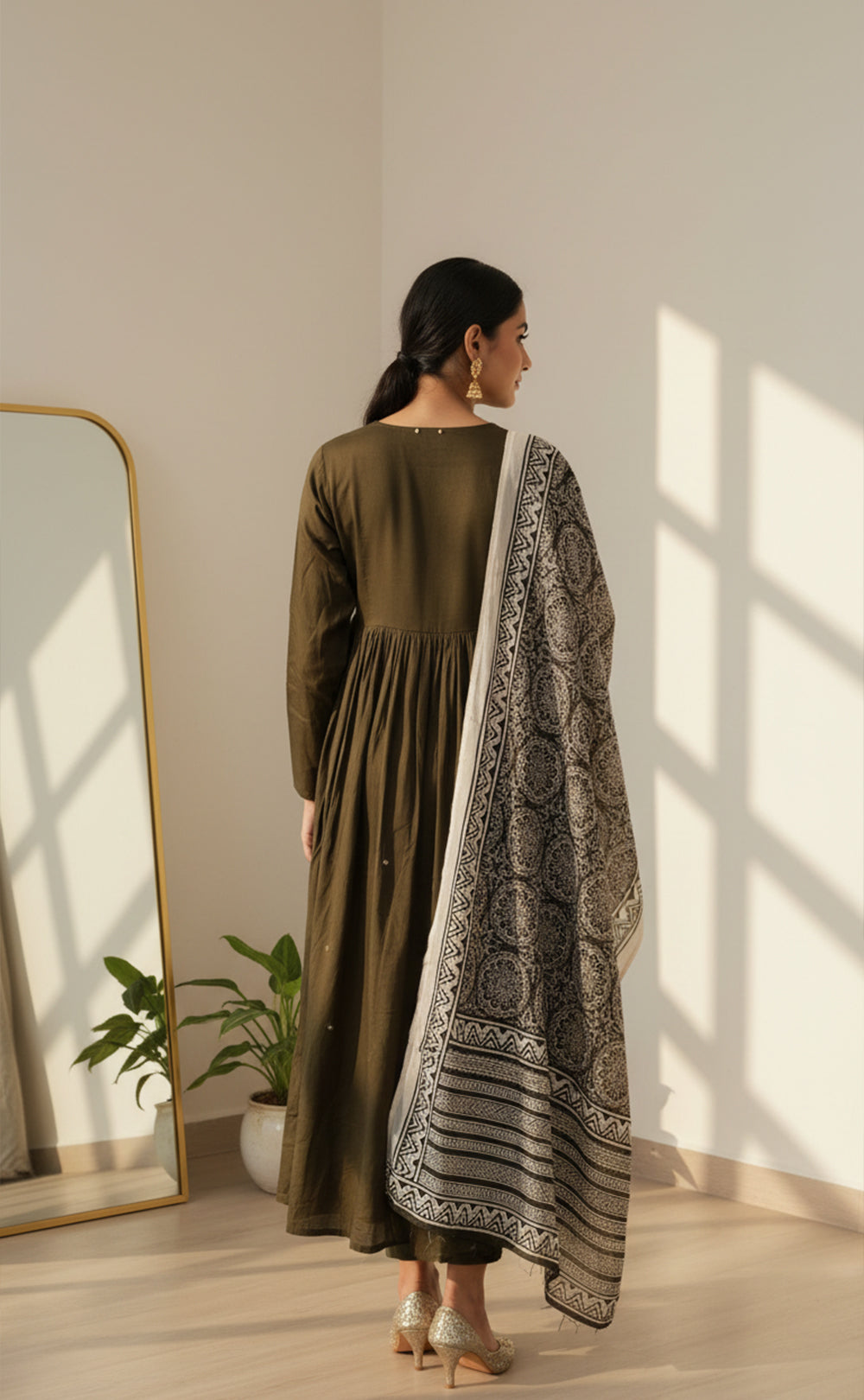 Beautiful Mehendi Green Alia cut kurti all over mirror work with printed dupatta and plain plazo