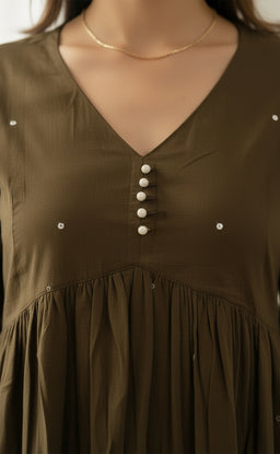 Beautiful Mehendi Green Alia cut kurti all over mirror work with printed dupatta and plain plazo