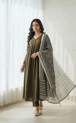 Beautiful Mehendi Green Alia cut kurti all over mirror work with printed dupatta and plain plazo