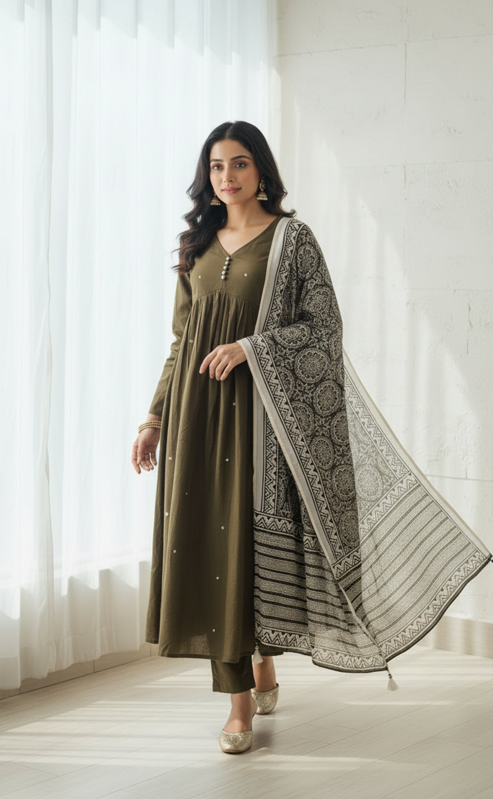 Beautiful Mehendi Green Alia cut kurti all over mirror work with printed dupatta and plain plazo