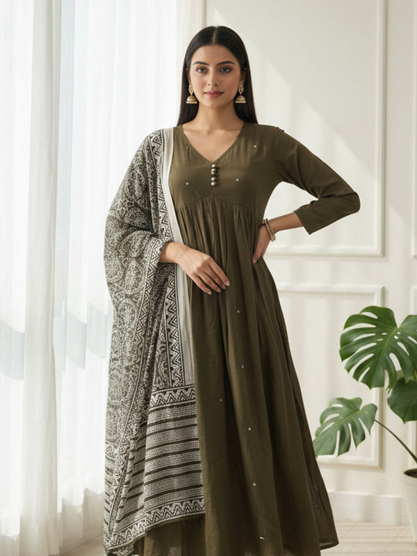 Beautiful Mehndi Green Alia cut Kurti Set with printed Dupatta