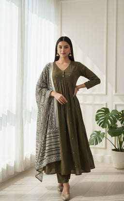 Beautiful Mehendi Green Alia cut kurti all over mirror work with printed dupatta and plain plazo