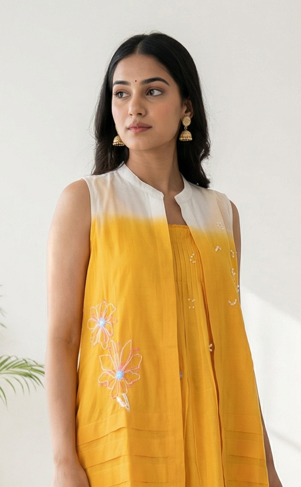 Yellow and White Pure Cotton Thread Embroidery Coat Pattern Indo Western