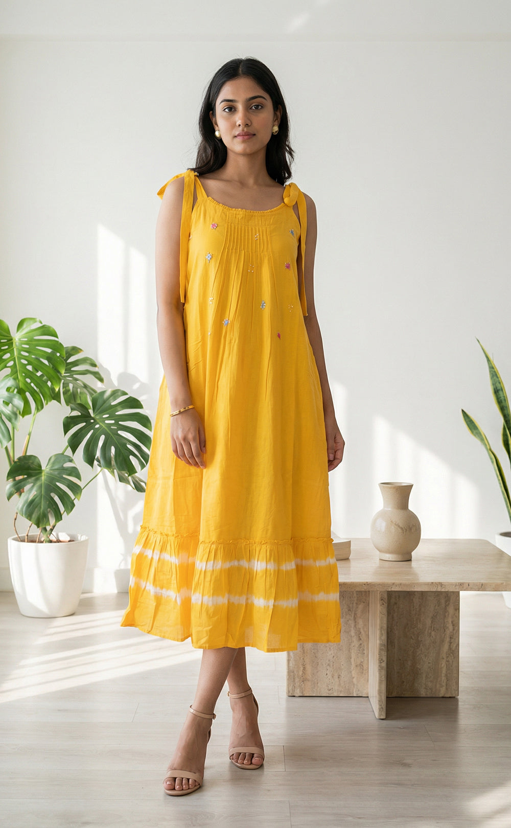 Yellow and White Pure Cotton Thread Embroidery Coat Pattern Indo Western