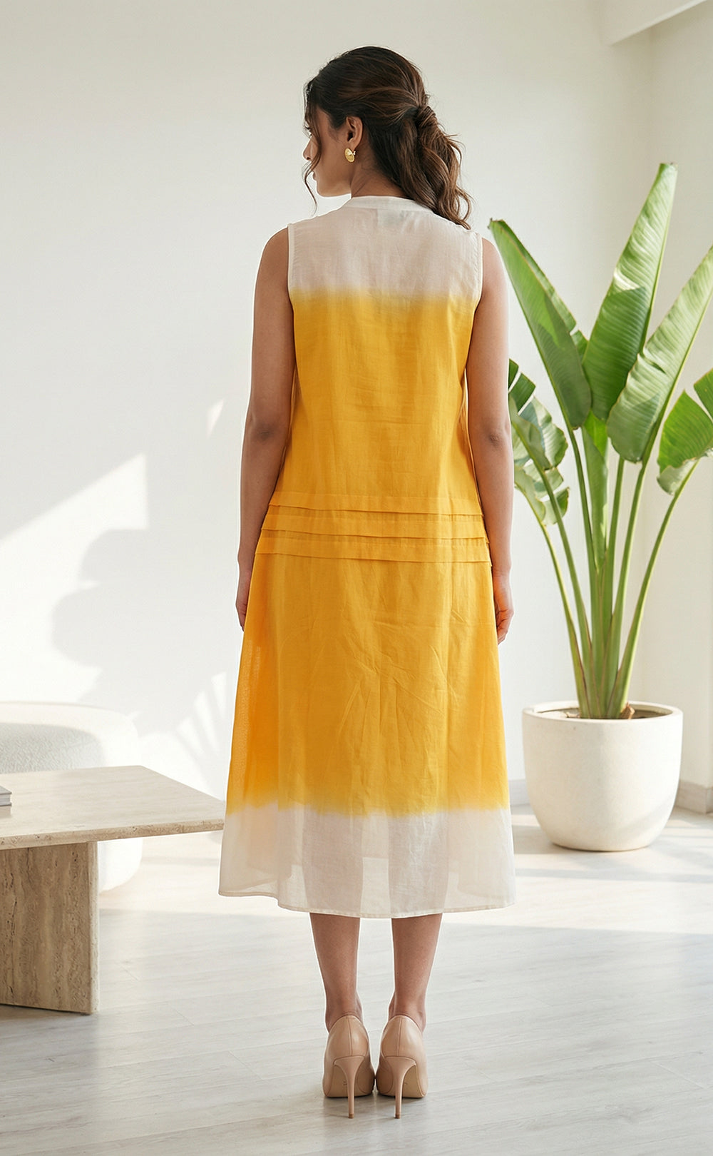 Yellow and White Pure Cotton Thread Embroidery Coat Pattern Indo Western