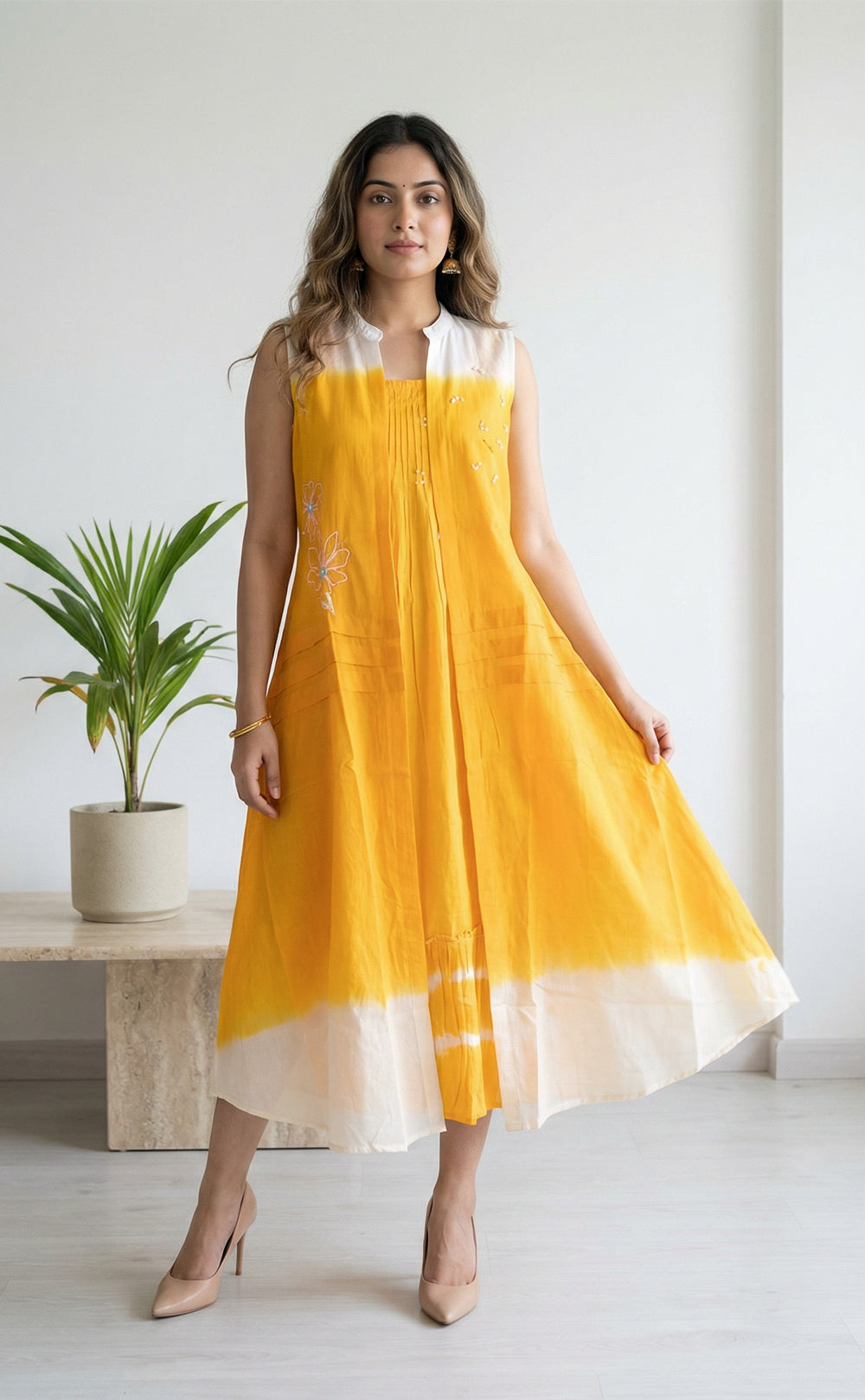 Yellow and White Pure Cotton Thread Embroidery Coat Pattern Indo Western