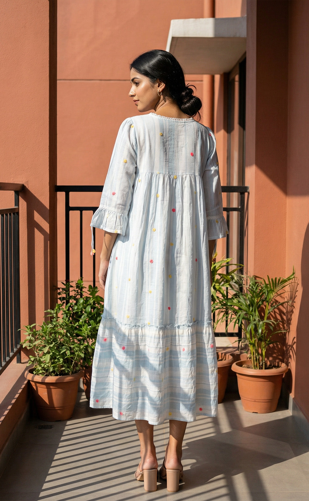Pastel Blue Mul Cotton Thread Embroidery work Indo Western