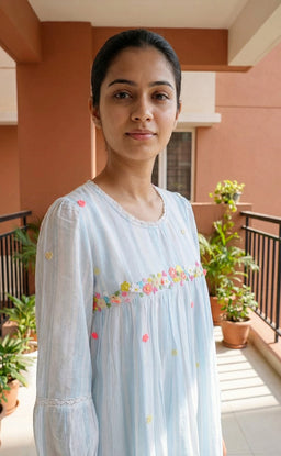 Pastel Blue Mul Cotton Thread Embroidery work Indo Western