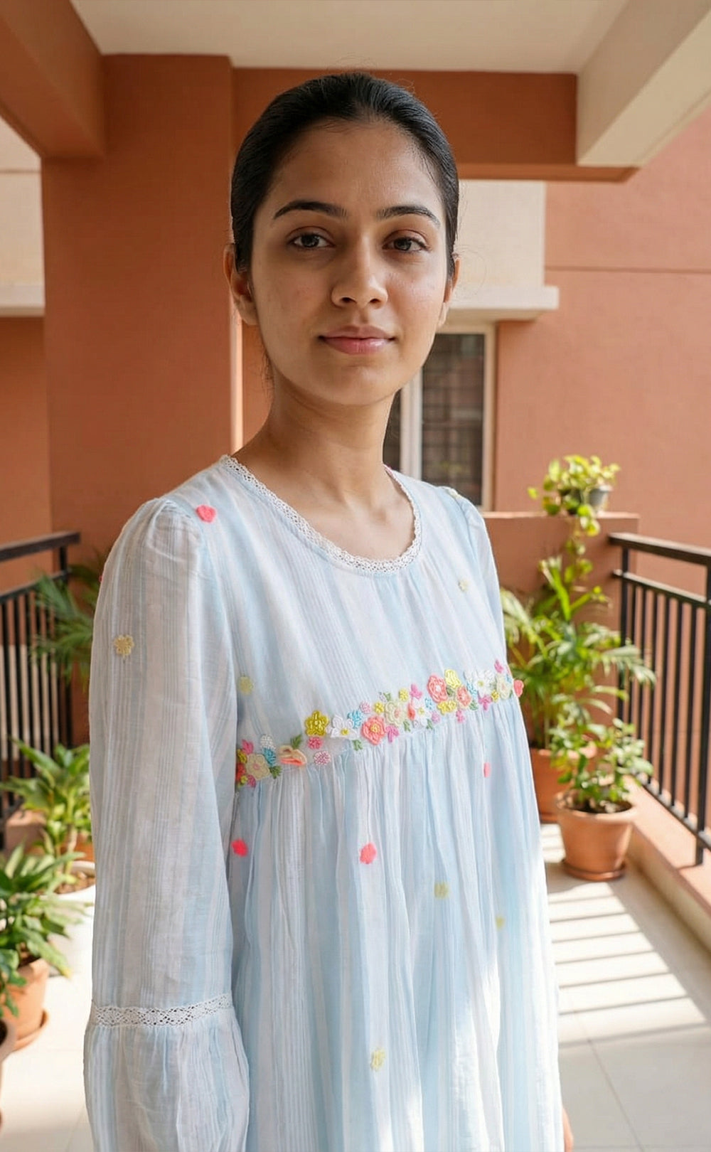 Pastel Blue Mul Cotton Thread Embroidery work Indo Western