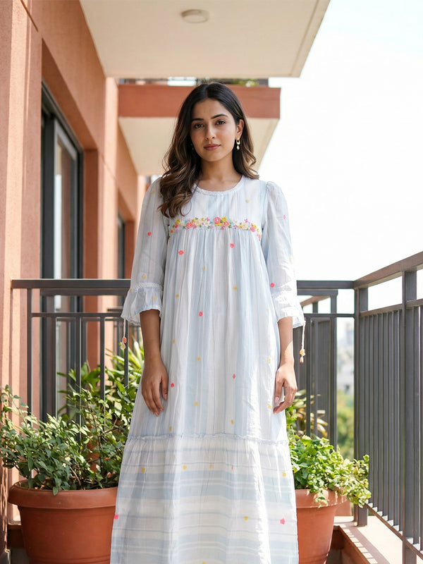 Pastel Blue Mul Cotton Thread Embroidery Work Indo Western