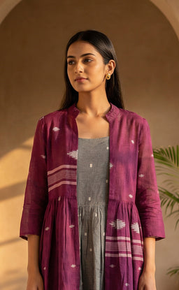 Deep Wine and Grey Cotton All-Over Ikkat Print Indo Westren