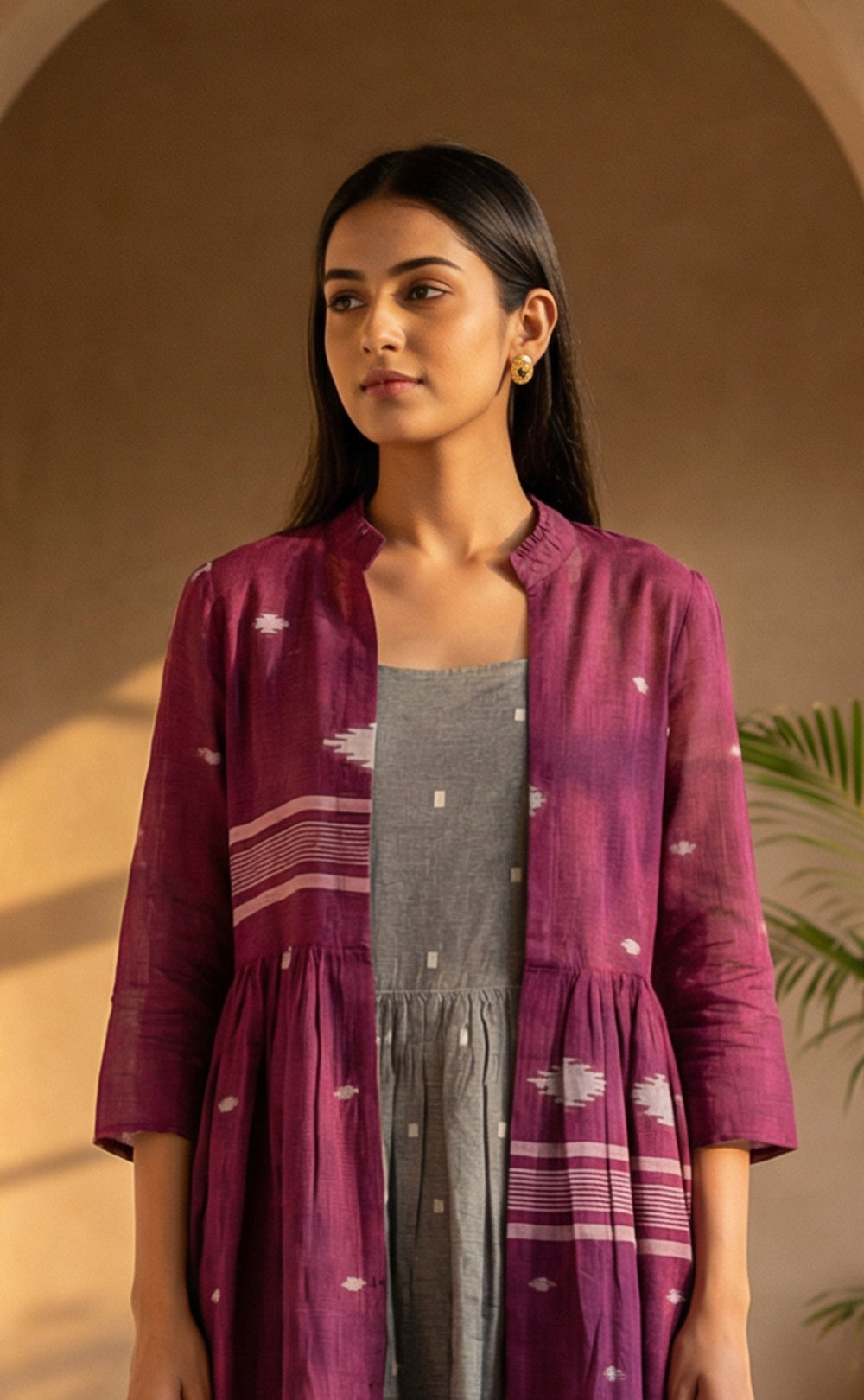 Deep Wine and Grey Cotton All-Over Ikkat Print Indo Westren