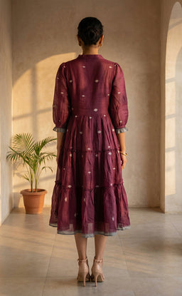Deep Wine and Grey Cotton All-Over Ikkat Print Indo Westren