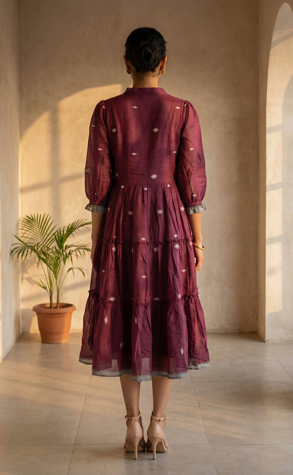 Deep Wine and Grey Cotton All-Over Ikkat Print Indo Westren