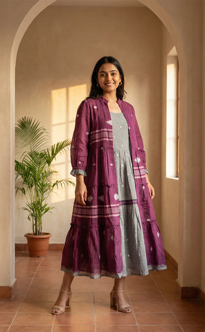 Deep Wine and Grey Cotton All-Over Ikkat Print Indo Westren