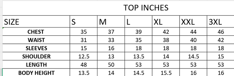 Size chart in inches