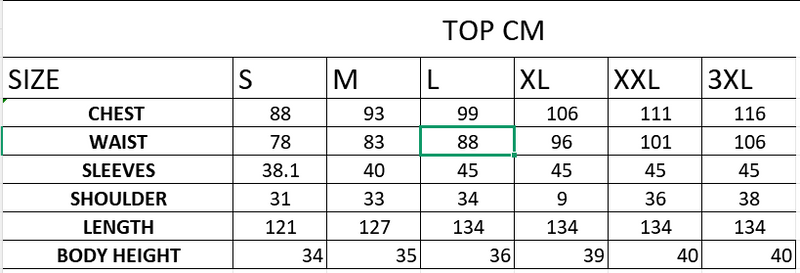 Size chart in cm