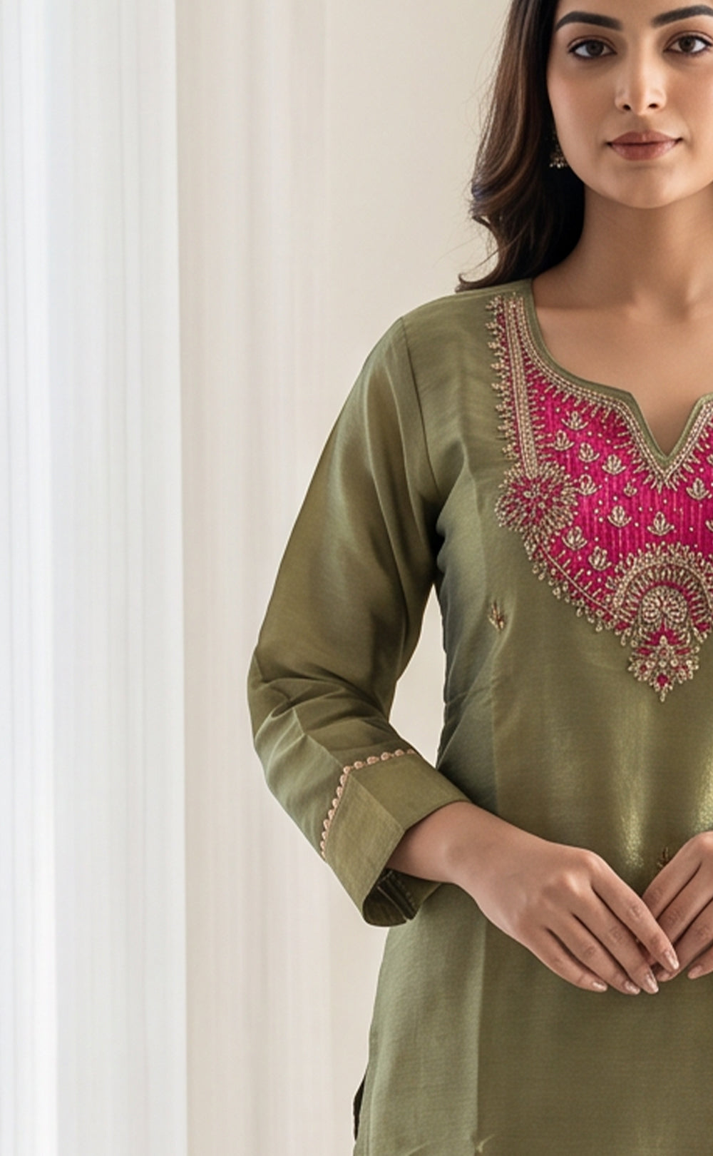 Pista Green Tissue Mirror And Beats Embroidery Kurti Set