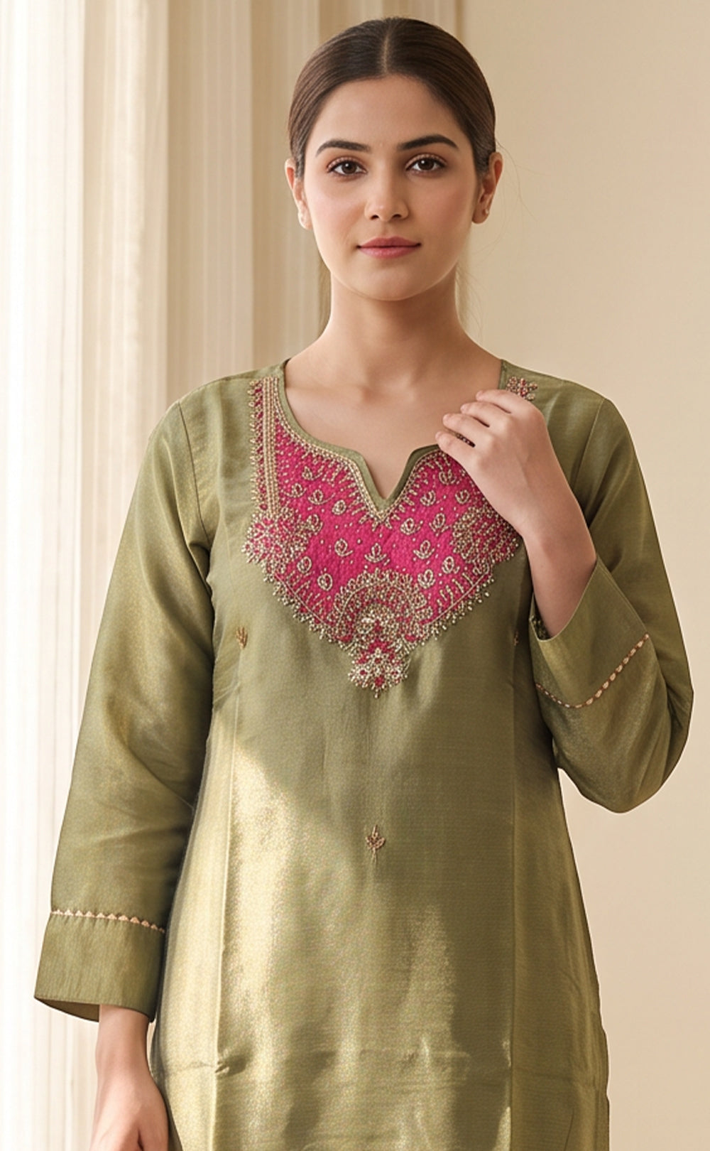 Pista Green Tissue Mirror And Beats Embroidery Kurti Set